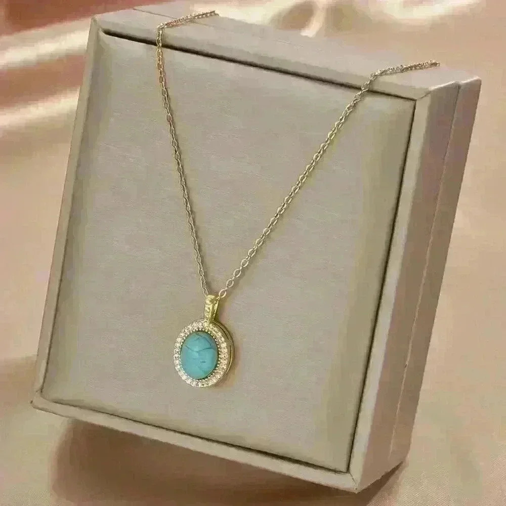 Larimar Stone Pendant with sparkling crystals in gold necklace